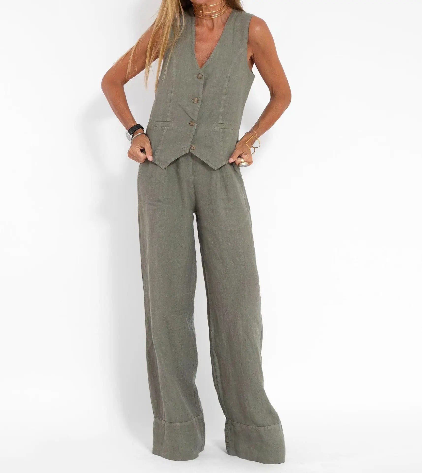 Abril | Conjunto de Chaleco Personalizado y Pantalones de Pierna Ancha de Algodón
