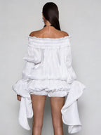 Conjunto de Vestido Blanco Arrugado Sin Hombros Salyxen