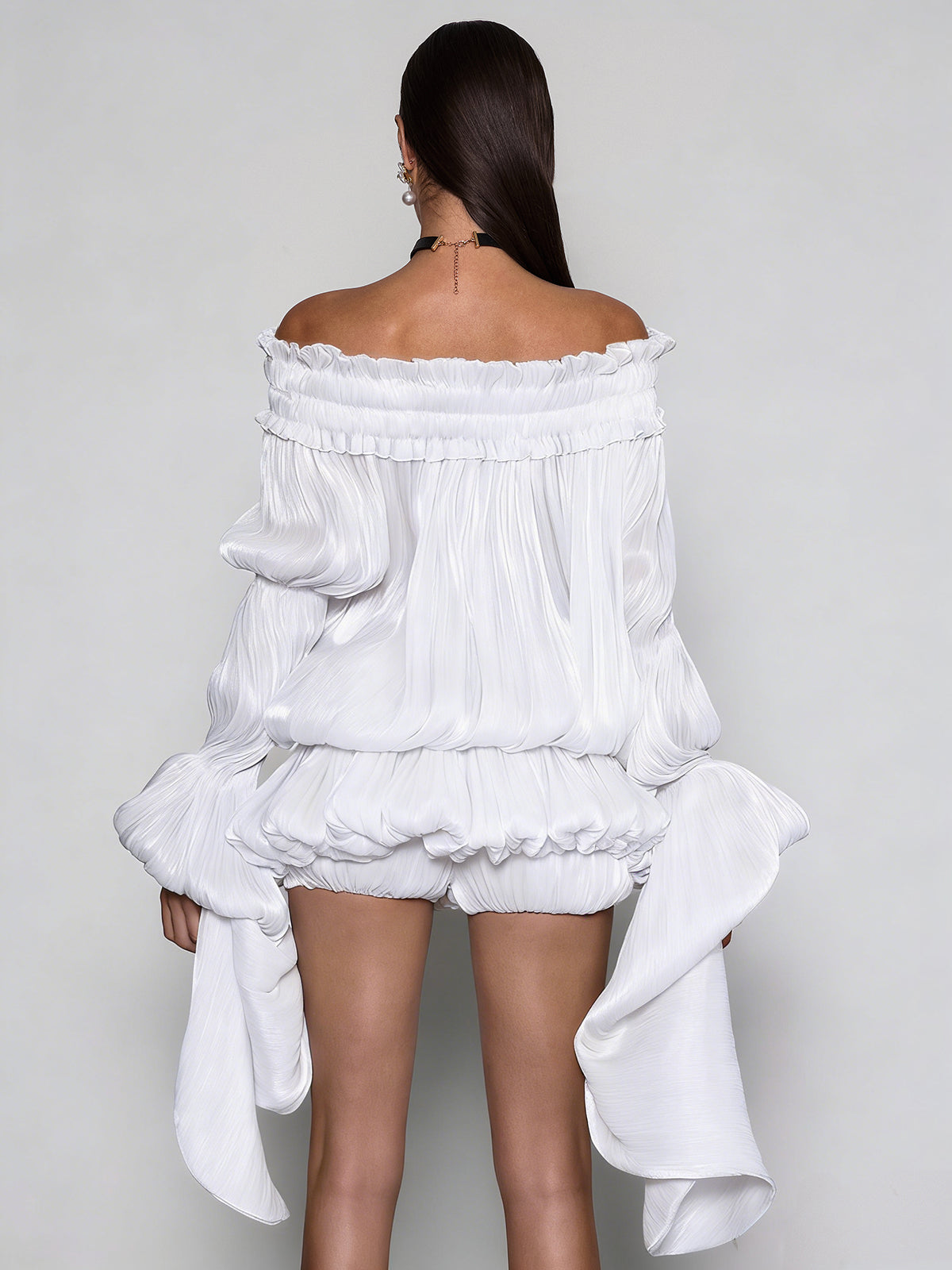 Conjunto de Vestido Blanco Arrugado Sin Hombros Salyxen