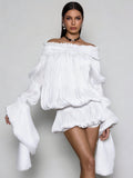 Conjunto de Vestido Blanco Arrugado Sin Hombros Salyxen