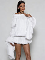 Conjunto de Vestido Blanco Arrugado Sin Hombros Salyxen