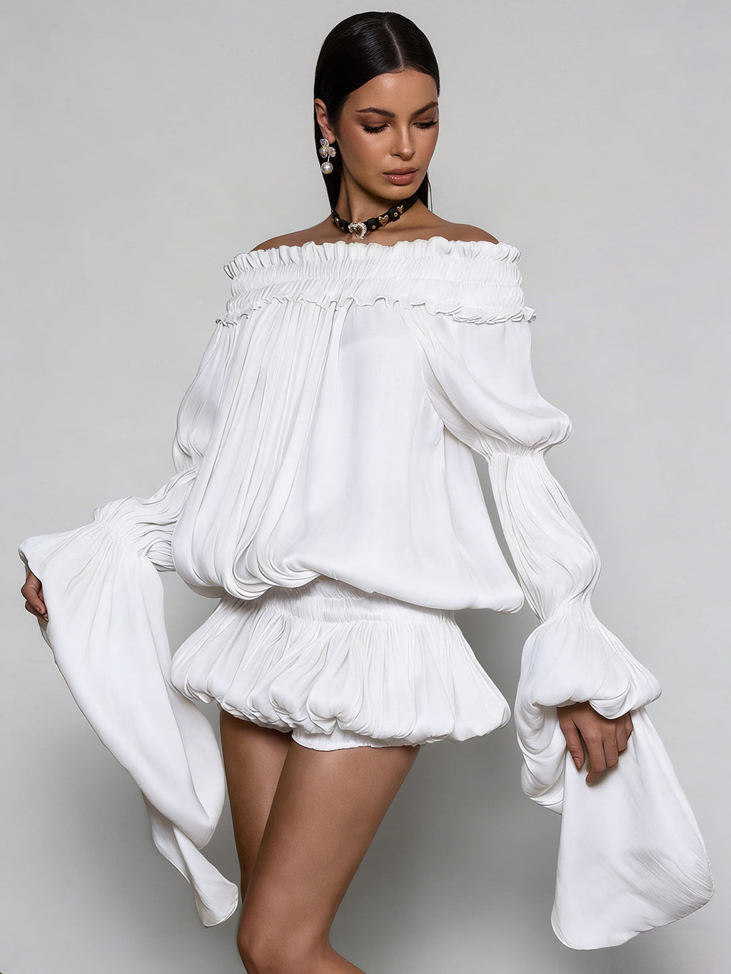 Conjunto de Vestido Blanco Arrugado Sin Hombros Salyxen