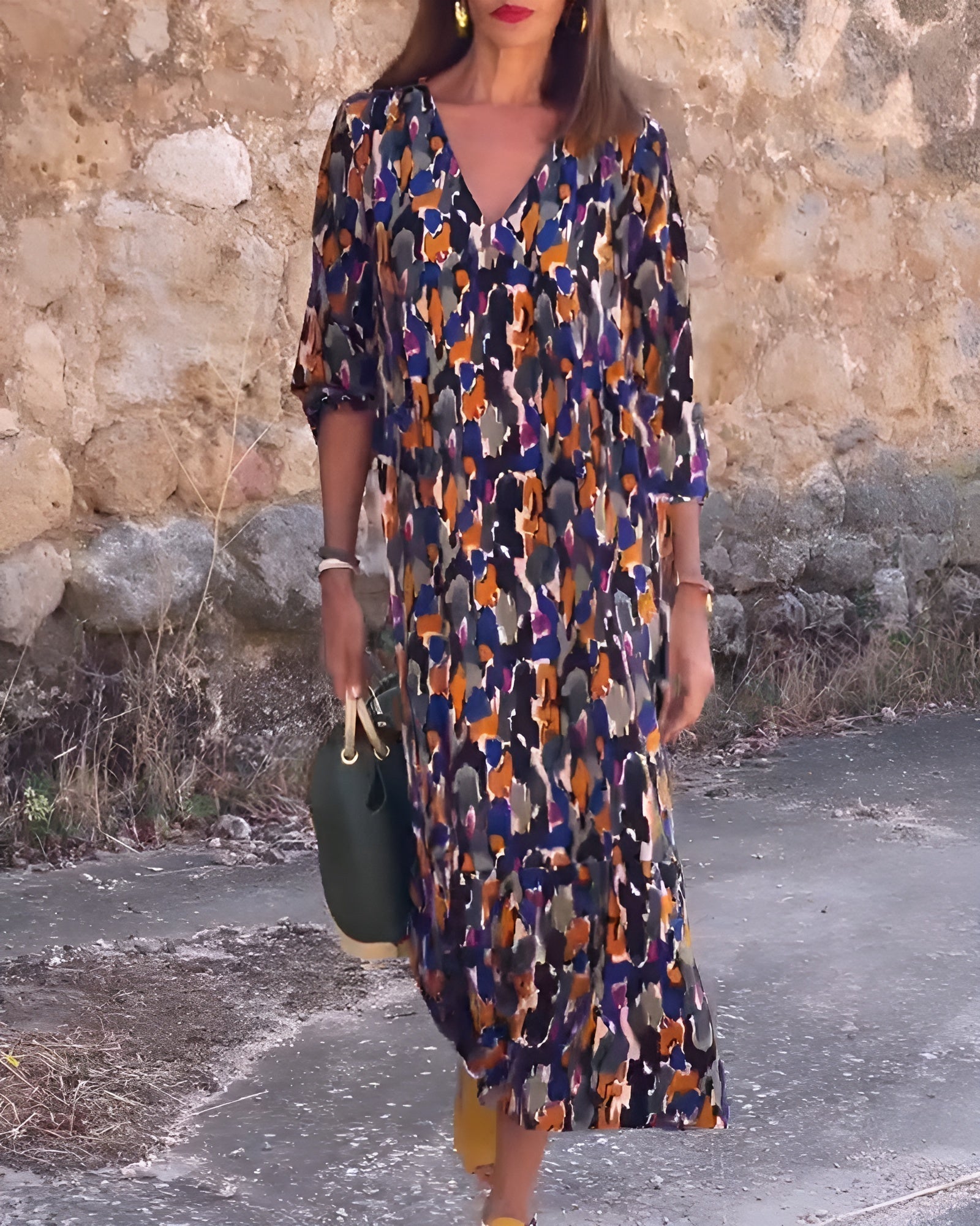 NATHALIE | Vestido Retro Impreso con Escote en V