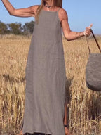 Vestido largo casual de algodón y lino para mujer