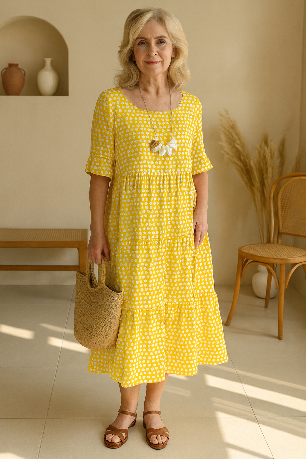 IRIS | Vestido Midi de Manga Corta en Tono Sable