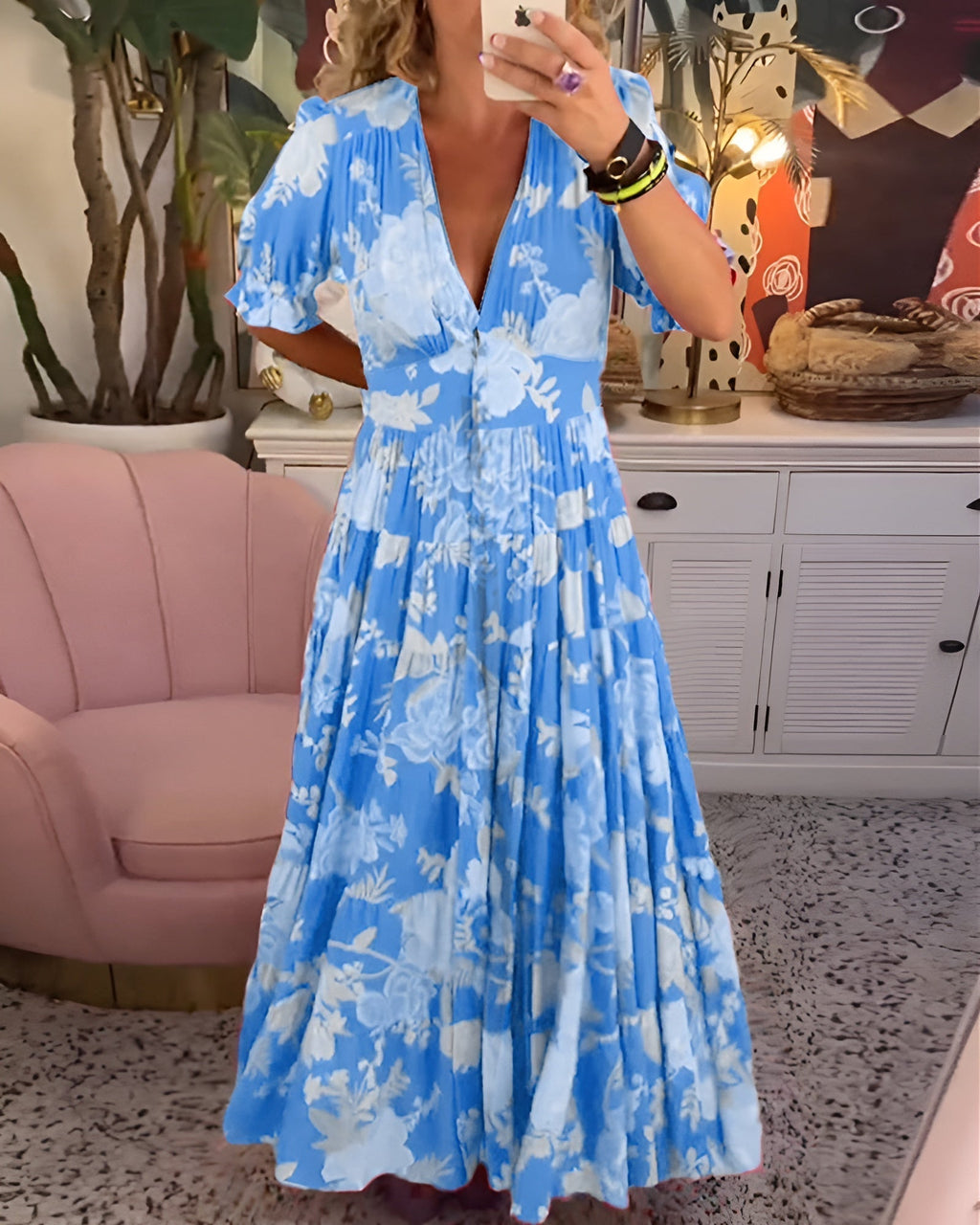 CARINE | Vestido Floral con Bolsillos y Escote en V