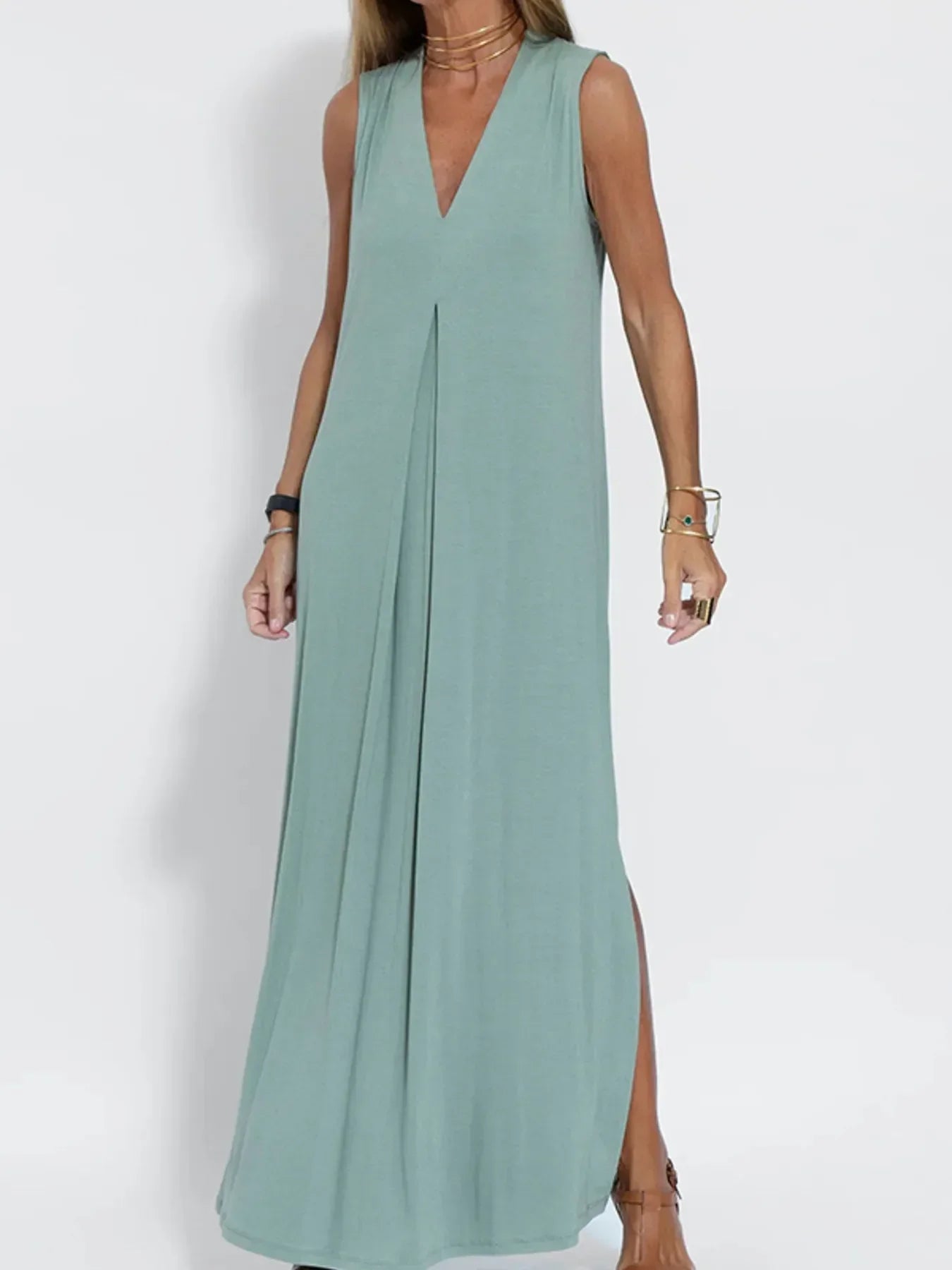 Vestido Maxi de Talla Grande Sin Mangas con Cuello en V