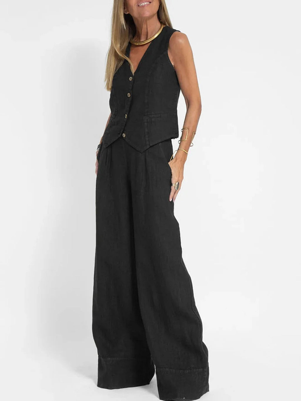 Abril | Conjunto de Chaleco Personalizado y Pantalones de Pierna Ancha de Algodón