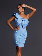 Vestido Mini Adhra de Un Hombro con Lazo y Detalle Floral