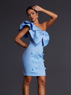 Vestido Mini Adhra de Un Hombro con Lazo y Detalle Floral