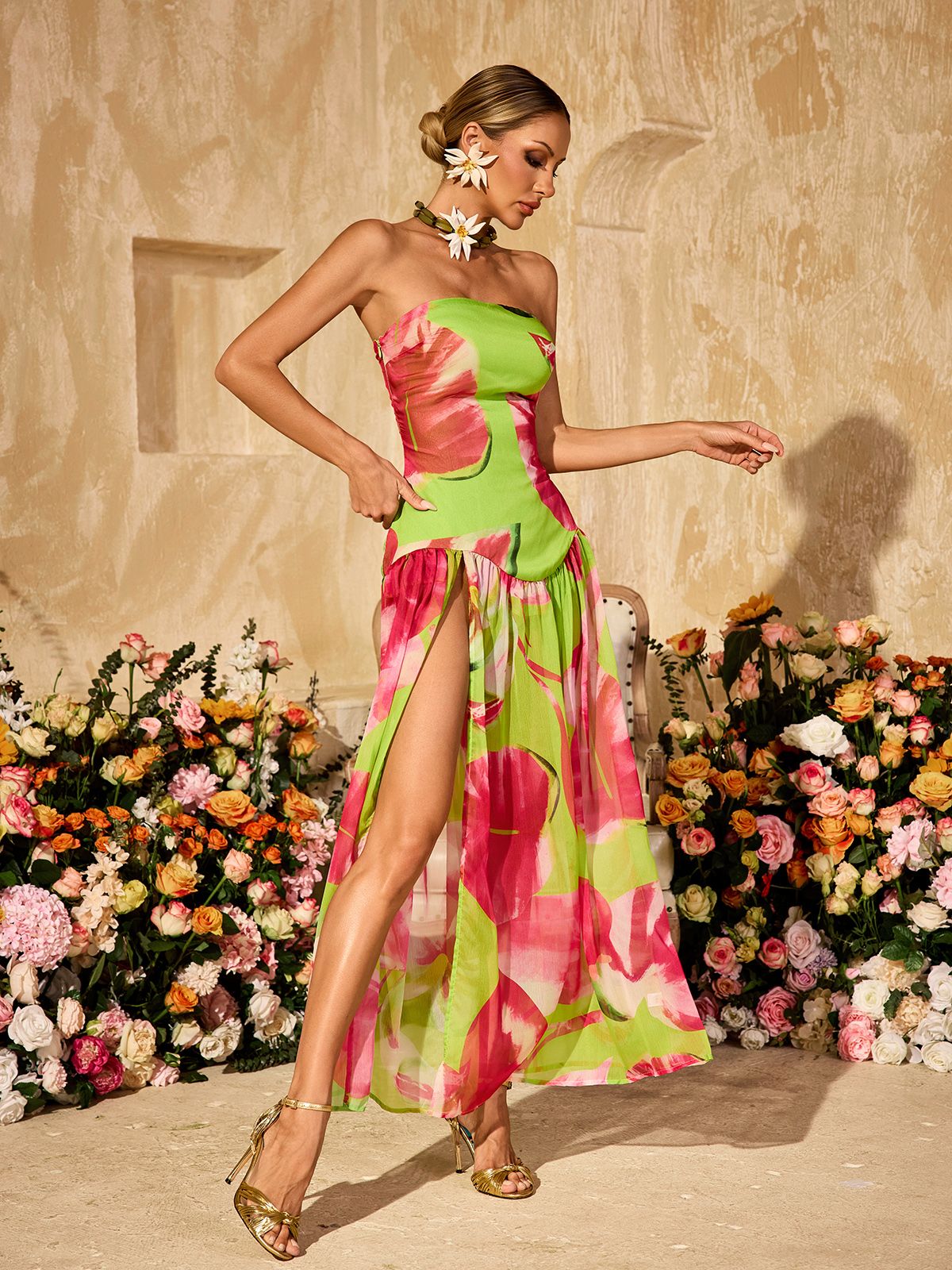 Vestido Maxi Verde Alikae Sin Tirantes con Estampado