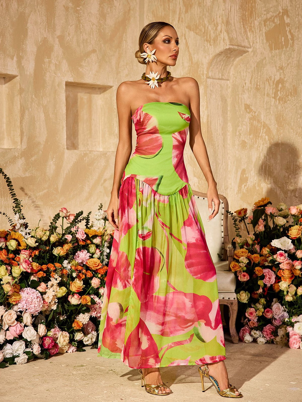 Vestido Maxi Verde Alikae Sin Tirantes con Estampado