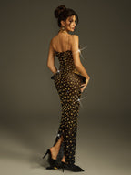 Vestido Maxi Sin Tirantes Arygon en Negro y Dorado con Corte y Detalles de Cristales