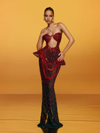 Vestido Maxi Sin Tirantes Arygon en Vino con Corte y Detalles de Cristales