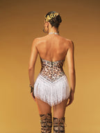 Body de Leopardo con Flecos de Strass y Cuello Halter Azhor en Color Blanco