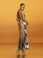 Halter Neck Striped Midi Dress - Brazia