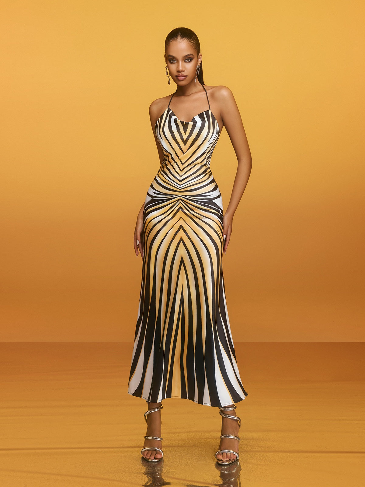 Halter Neck Striped Midi Dress - Brazia