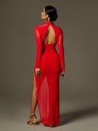Maxi Vestido de Malla con Drapé y Corte en Color Rojo