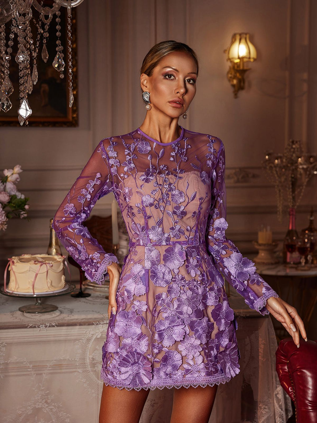 Vestido Corto de Manga Larga con Bordado Floral Dallan