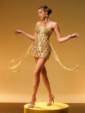 Vestido Corto con Flecos de Rhinestones Diego en Dorado