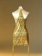 Vestido Corto con Flecos de Rhinestones Diego en Dorado