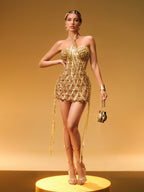 Vestido Corto con Flecos de Rhinestones Diego en Dorado