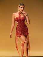 Vestido Corto de Lentejuelas con Flecos de Rhinestone Diego en Color Rojo