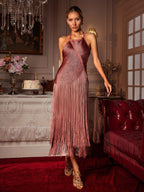 Vestido Midi Edaline con Flecos y Cuello Halter