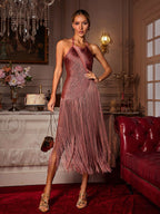 Vestido Midi Edaline con Flecos y Cuello Halter
