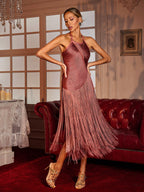 Vestido Midi Edaline con Flecos y Cuello Halter
