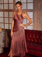 Vestido Midi Edaline con Flecos y Cuello Halter