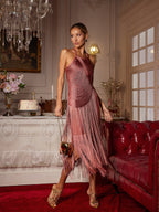 Vestido Midi Edaline con Flecos y Cuello Halter
