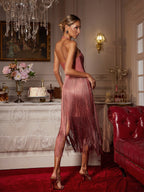 Vestido Midi Edaline con Flecos y Cuello Halter