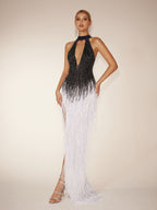 Vestido Maxi con Flecos y Escote Halter Elvrik en Colores Negro y Blanco