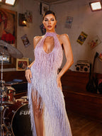 Vestido Corto Maxi Elvrik con Corte y Flecos en Rosa