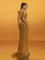 Vestido Maxi Dorado con Flecos y Escote Halter Elvrik