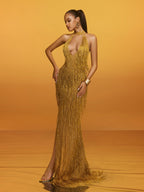 Vestido Maxi Dorado con Flecos y Escote Halter Elvrik