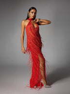 Elvrik Maxi Vestido Rojo con Corte Halter y Flecos