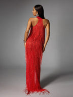Elvrik Maxi Vestido Rojo con Corte Halter y Flecos