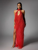 Elvrik Maxi Vestido Rojo con Corte Halter y Flecos