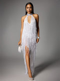 Vestido maxi blanco Elvrik con corte en la espalda y flecos