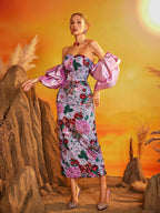 Vestido Midi Floral con Mangas Abullonadas de Faelith