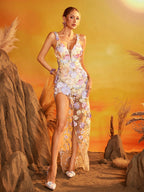 Vestido Maxi de Malla con Bordado y Tirantes Flexibles