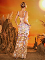Vestido Maxi de Malla con Bordado y Tirantes Flexibles