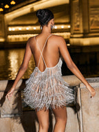 Vestido Corto de Malla con Flecos de Cadena de Cristal Fiadh en Plata
