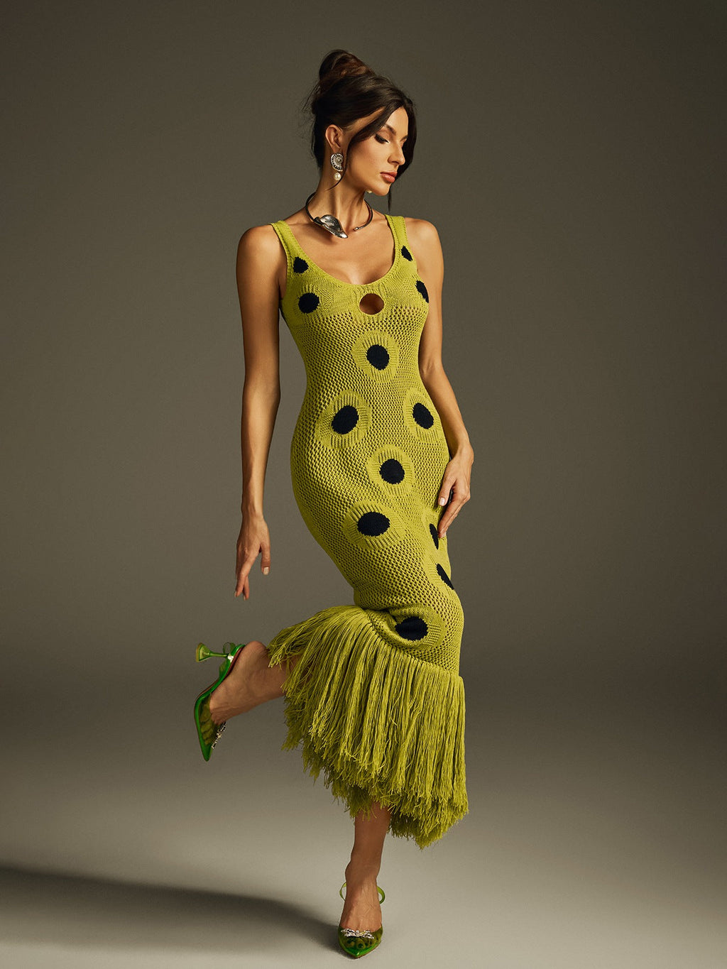 "Vestido Midi de Punto con Detalles de Flecos de Gaelion"