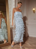 Vestido Midi Sin Tirantes con Flecos de Lentejuelas de Gerardi
