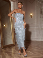 Vestido Midi Sin Tirantes con Flecos de Lentejuelas de Gerardi