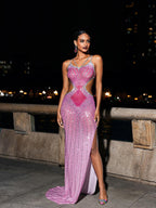 Maxi Vestido de Cristal en Tonos Gris y Rosa Fucsia