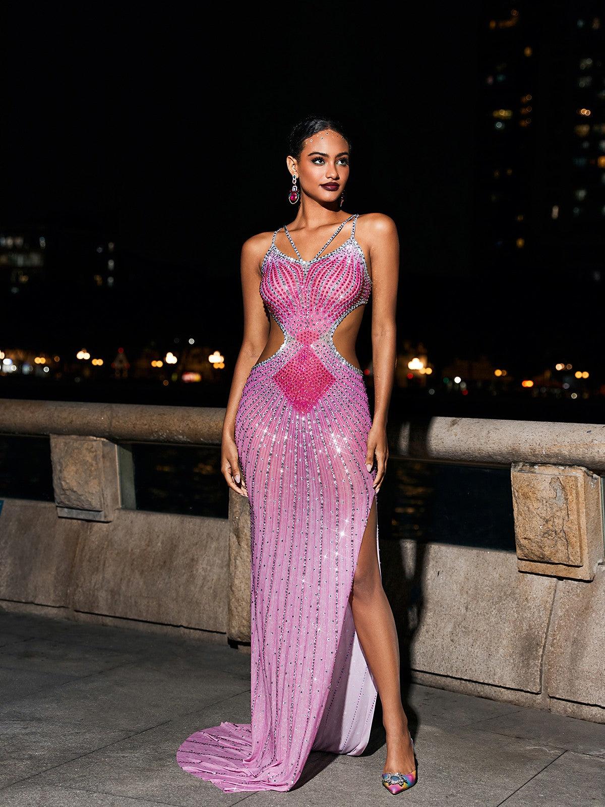 Maxi Vestido de Cristal en Tonos Gris y Rosa Fucsia